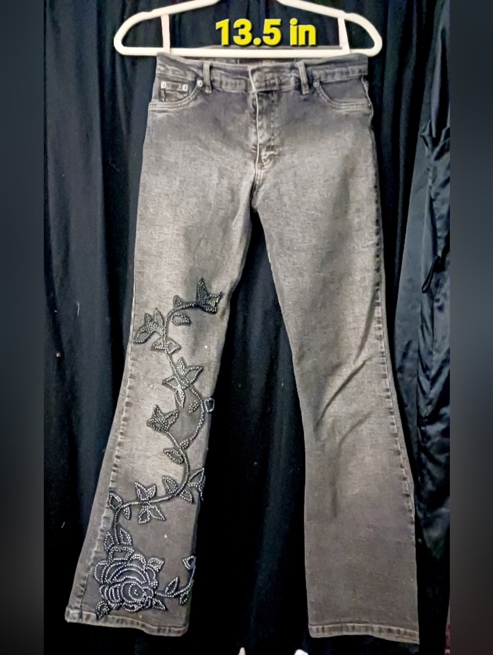 Embellished CELO Charcoal Gray Flare Jeans with Floral Stud Detail